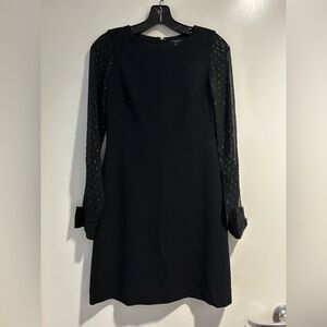 Black fit and flare dress with mesh accented sleeves